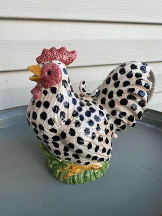 Spotted Rooster Teapot 8.  5” Tall Porcelin Spotted Chicken Figurine - Rustic Decor