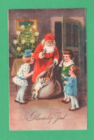 Vintage Old World Christmas Postcard Santa Claus Toys Tree Children Dog Doorway