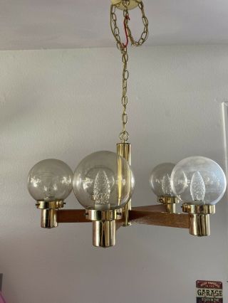 Vintage Brass Wood 5 Arm Modern Chandelier Ceiling Light Round Tinted Globes