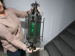 Vintage Wrought Iron Spanish Revival Gothic Green Glass Hanging Lantern