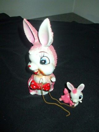 Vintage Pink Ceramic Bunny Rabbit With Baby 40s 50s Mid Century Modern