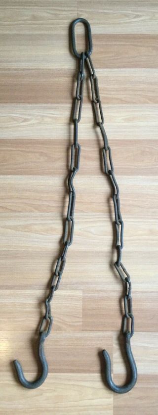 Old Vtg Antique Hand Forged Iron Metal Chain Double Hook Farm Tool Hardware