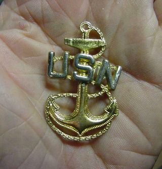Vintage Us Navy Chief Petty Officer Fouled Anchor Hat Badge Pin 1 3/4 " Size