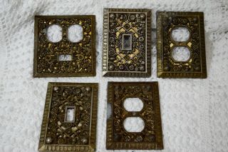 Set Of 5 Antique Ornate Brass Light Switch Plate Outlet Covers Foil Backed