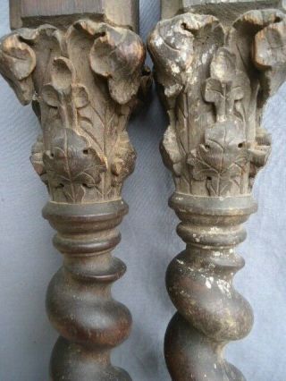 Two Rare 17th Century Oak Carved Barley Twist Gothic Corinthian Columns