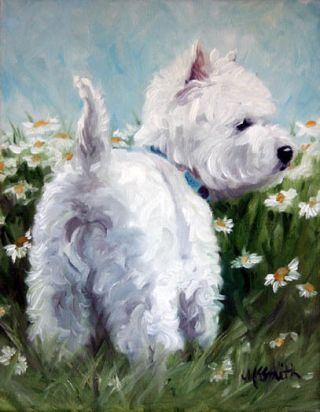 Mary Sparrow Westie West Highland Terrier Dog Daisies Print Canvas Rolled