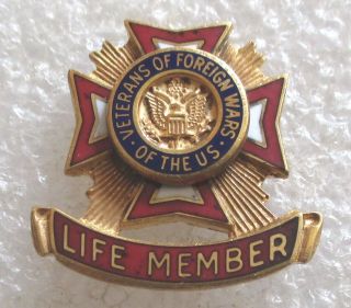 Vintage Vfw Veterans Of Foreign Wars Life Member Award Pin - Gold Filled