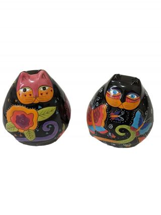 Two Bella Casa Ganz Laurel Burch Flower Cats Ceramic Figurines Signed Perfect