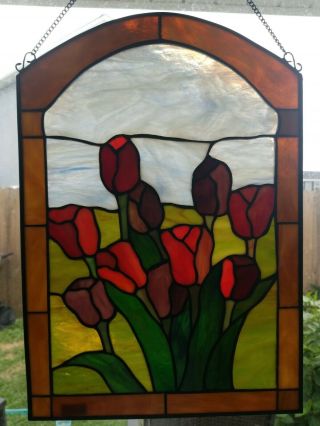 Vintage Leaded Tulip Stained Glass Tiffany Style Window Hanging Panel 11 " X 16 "