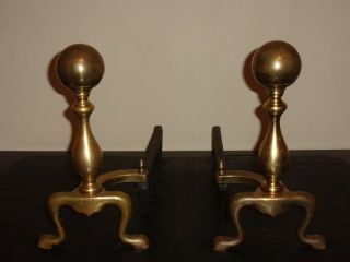 Pair Vintage Brass Cannon Ball Andirons Firedogs Fireplace
