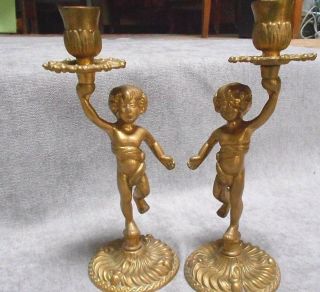 Pair Antique French Bronze Candlesticks Candle Holders / Putti Putto
