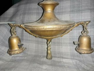 Vintage Two Light Brass Electric Pan Ceiling Fixture Chandelier