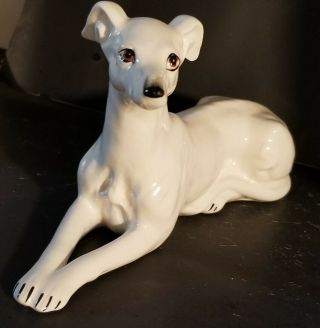 Vintage Greyhound Whippet Dog White Fine Porcelain Figure Laying Down 5 " T 8 " W
