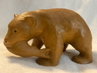 Vintage Hand Carved Wood Grizzly Bear With Fish Figure Statue 7 " Long