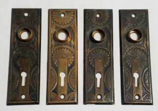 Set Of 4 Antique Vintage Eastlake Brass Backplates - - Door Knob Plates W/keyhole