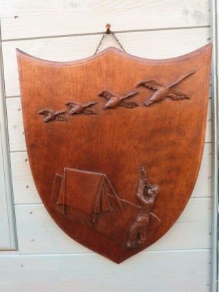 Rare Antique Vintage Hand Carved Wooden Wall Mounted Hunting Shield Plaque