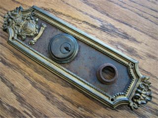 HOTEL SHERMAN Bronze Door Knob Back Plate Victorian Brass Cast Iron Lock Locking 2