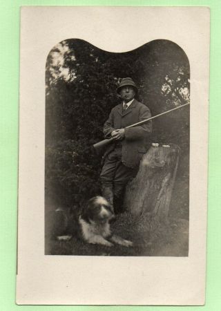 Bearded Collie Dog Hunter Smokes Pipe Hunting Shooting Antique Photo Postcard