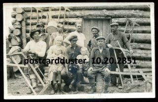 2851 - N.  Ontario 1910s Lumberjacks With Tools.  Log Cabin.  Real Photo Postcard