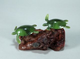 Turtle Pair Sculpture Direct From John Perry 5in Long On Burl Simulated Jade