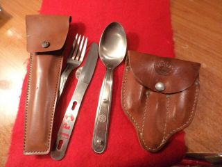 (2) 1940 - 1960 Boy Scout Knife - Fork - Spoon Utencil Kits
