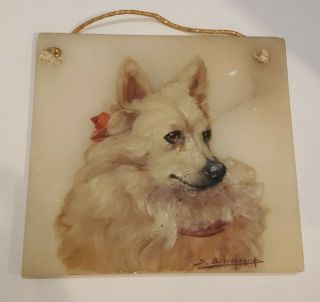 Antique Handpainted Pomeranian Spitz Dog Marble Tile Plaque Picture