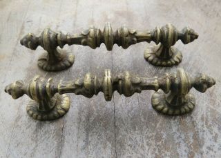 2 Ornate Antique Cast Bronze Handles Pulls Oval Back Plates Not Brass Or Iron