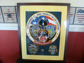 September 11,  2001 World Trade Fallen Heroes Large W/ Nypd Patches & Pin Framed