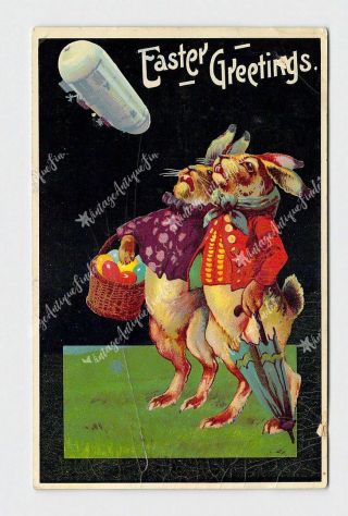Ppc Postcard Easter Greetings Anthropomorphic Rabbits Blimp Basket Of Eggs