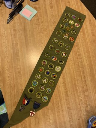 Vintage 1970’s Boy Scout Sash With Merit Badges Pins God And Country Be Prepared 2