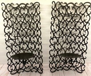 Vtg Mcm Black Metal Curved Pair Wall Sconces Gothic Spanish Revival Made India