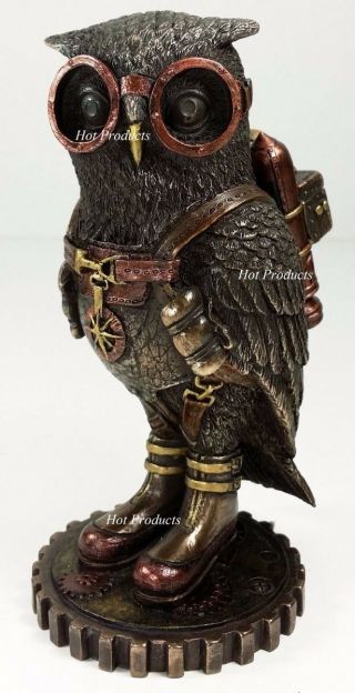 Steampunk Owl Bird Goggles Jet Pack Gear Cog Stand Statue Figurine Bronze Color