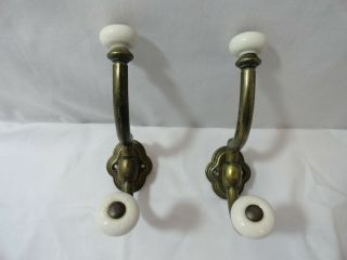 Pair Double Solid Brass Coat Hook Porcelain Knobs