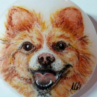 Vintage Painted Portrait Pomeranian Spitz Dog Face/head On Glass Button,  Signed