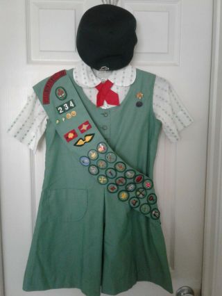 Vintage 1970s Girl Scout Uniform - Jumper/blouse/tie/sash W/badges,  Patches & Pins