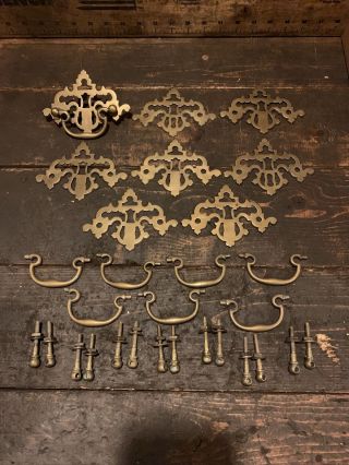 Set Of 8 Antique Solid Brass Drawer Pull Handles