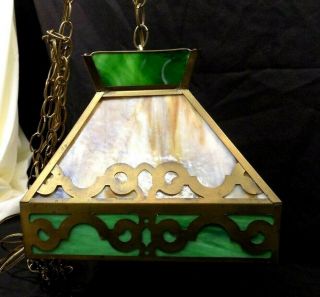 Antique Arts & Crafts (?) Slag Glass Hanging Lamp