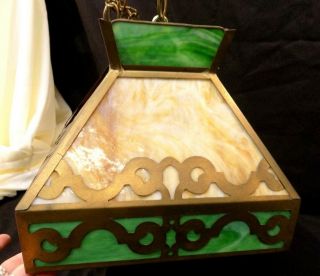 Antique Arts & Crafts (?) Slag Glass Hanging Lamp 2