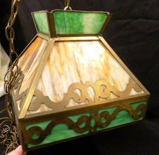 Antique Arts & Crafts (?) Slag Glass Hanging Lamp 3