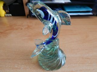 Dolphin Glass Sculpture Figurine Hand Blown Murano Style Blue And Clear