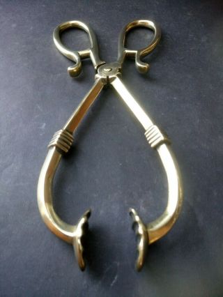 Vintage Brass Coal Tongs With Serrated Claws Fireside Tool Hearth Stylish Sturdy