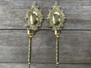 Pair Vintage Heavy Solid Brass Candle Holder Wall Sconces 19” L X 6 - 1/2” W & 5lb