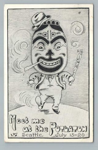 Totem Pole Mask Man Golden Potlatch Antique Seattle Festival Postcard 1910s