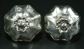 6 Vintage Glass Silver Tone Cabinet Knob Drawer Pull Dimensional Flower 1.  5 