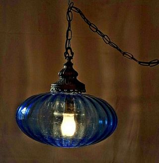 Vintage Mid Century Modern Blue Glass Hanging Swag Light 2