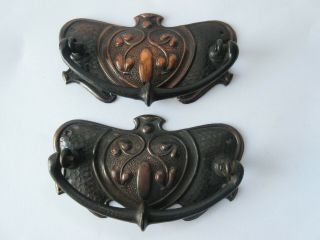 Large Antique Art Nouveau Circa 1900s Copper Brass Pair Draw Handles