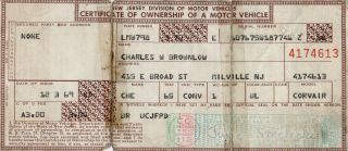 1965 Chevy Corvair Convertible Car Title.  Nj Auto Historical Document