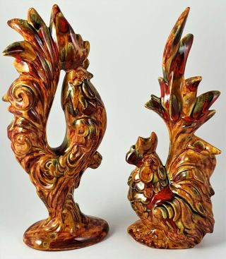 Vintage Rooster And Hen Figurines Ceramic Drip Glaze