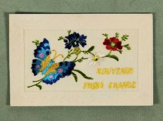 Wwi Silk Embroidered Souvenir From France Pretty Butterfly Postcard M10