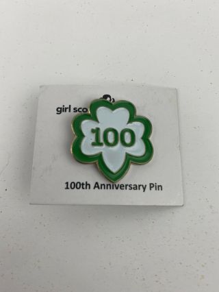 Girl Scout 2012 100th Annive Pin Green Clover Trefoil Button Jewelry Card